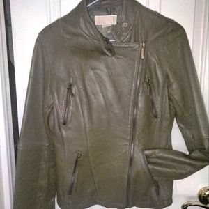 Women's Michael kors size medium leather biker moto jacket olive green